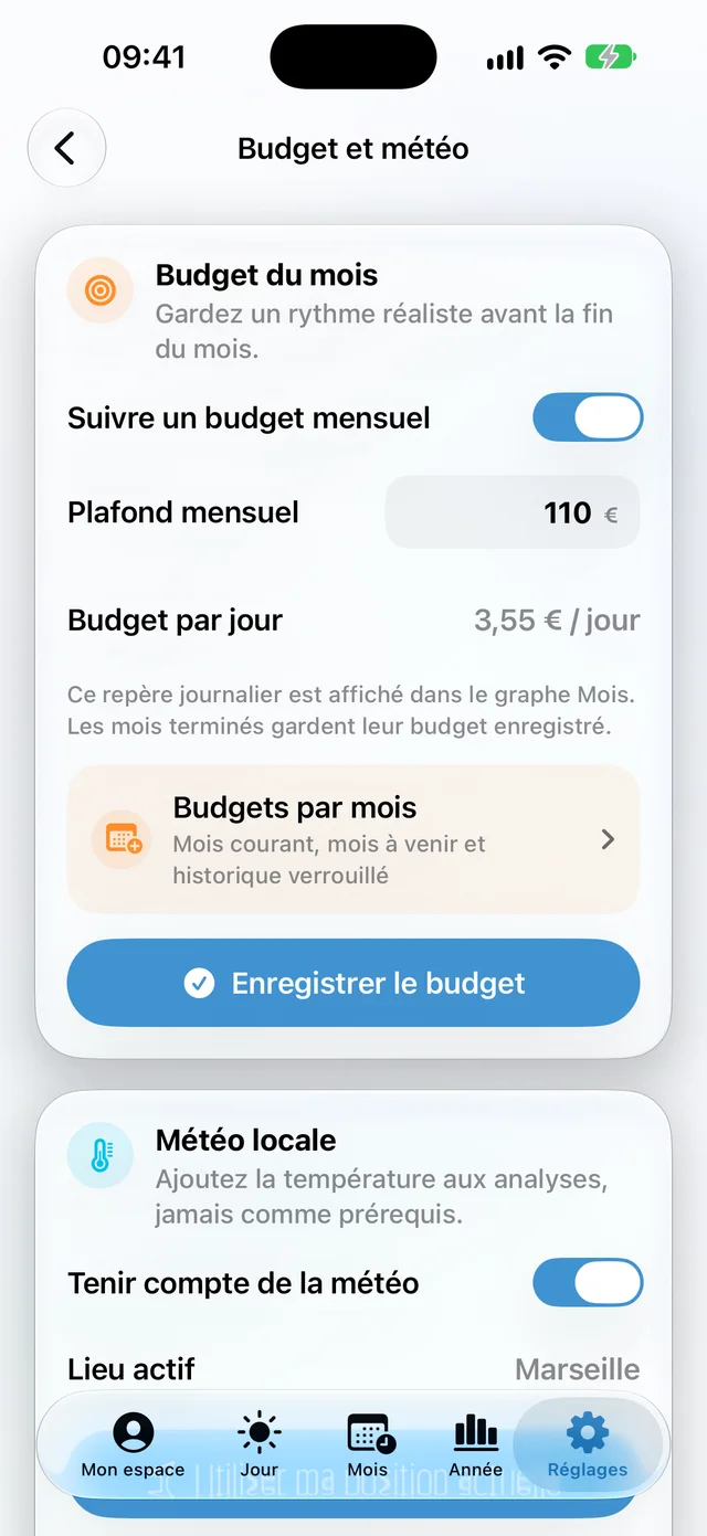 Réglage du budget mensuel dans EuroVolt avec le budget par jour