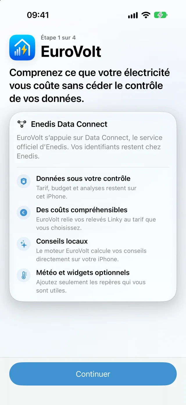 Premier écran d’EuroVolt présentant la connexion Enedis Data Connect