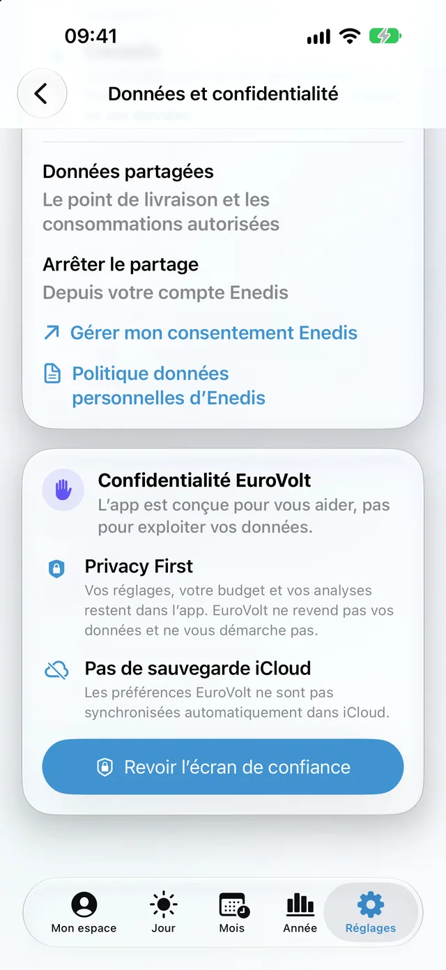 Écran Données et confidentialité d’EuroVolt