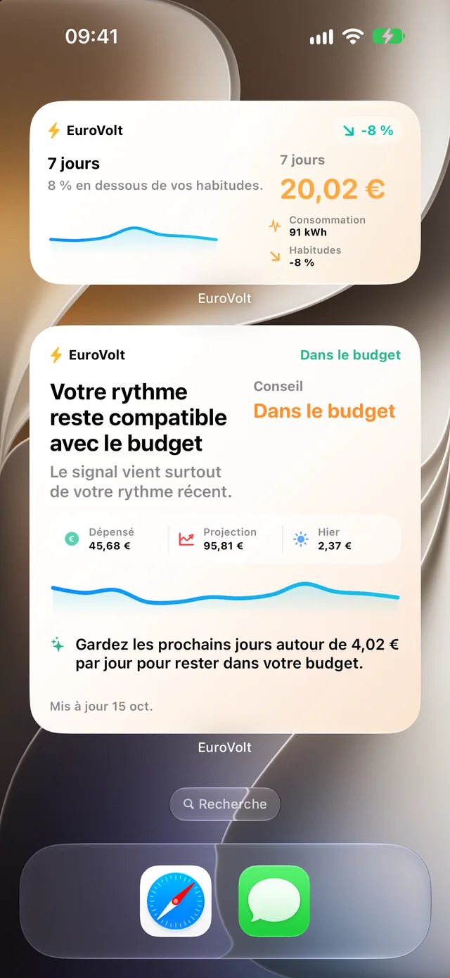 Widgets EuroVolt sur l’écran d’accueil de l’iPhone