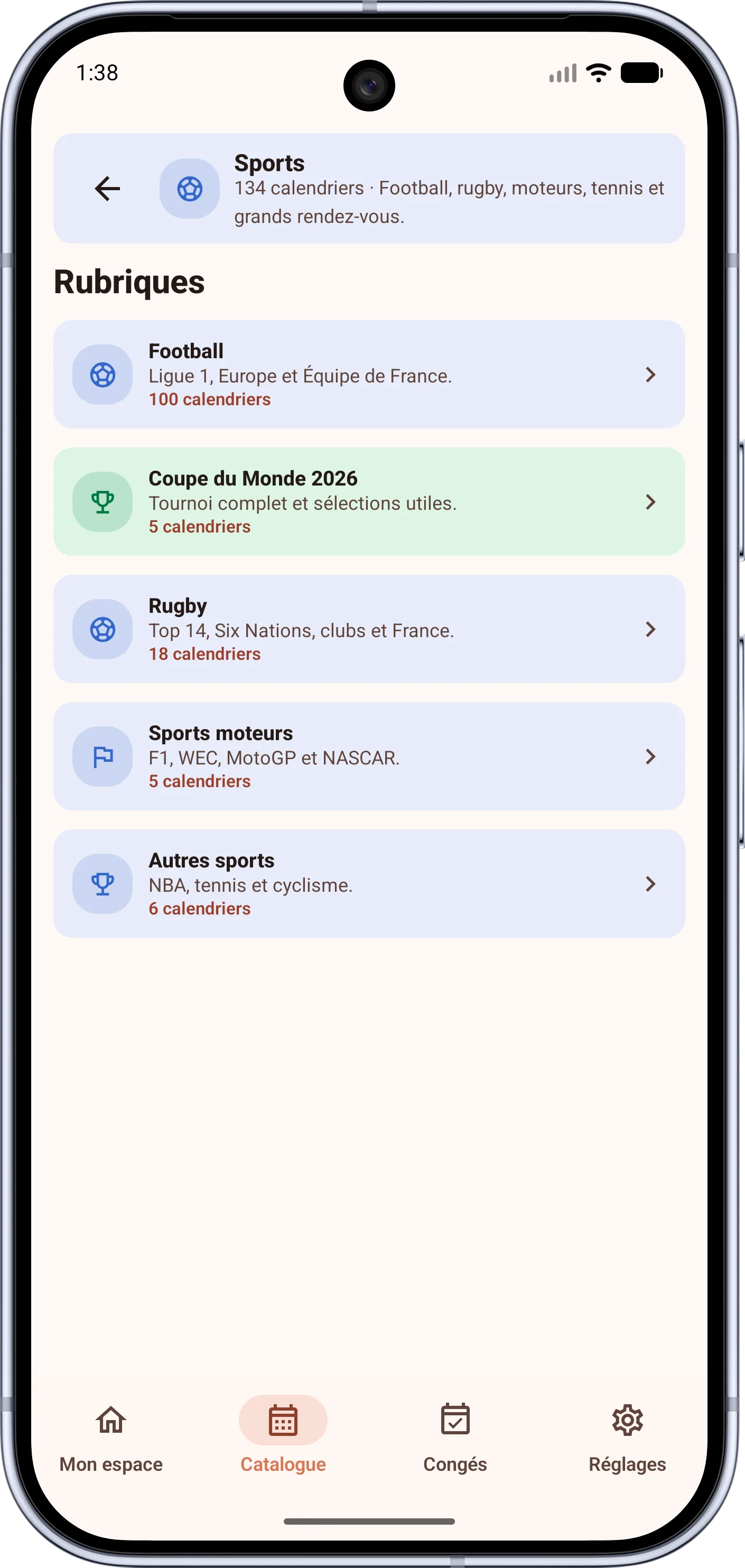 Liste de calendriers sportifs suivis dans FacilAbo Android