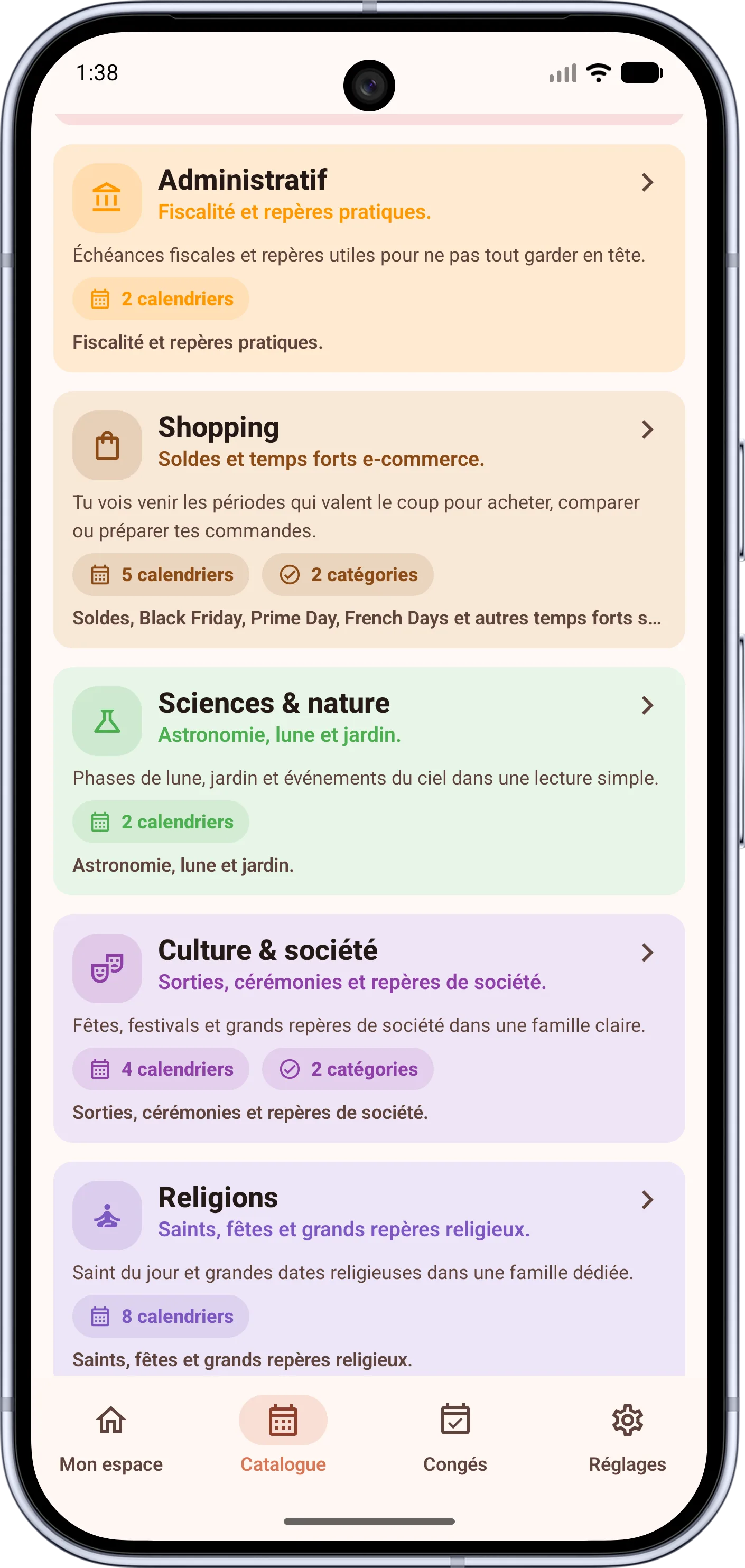 Catégories de calendriers Android FacilAbo avec administratif, shopping, sciences, culture et religions