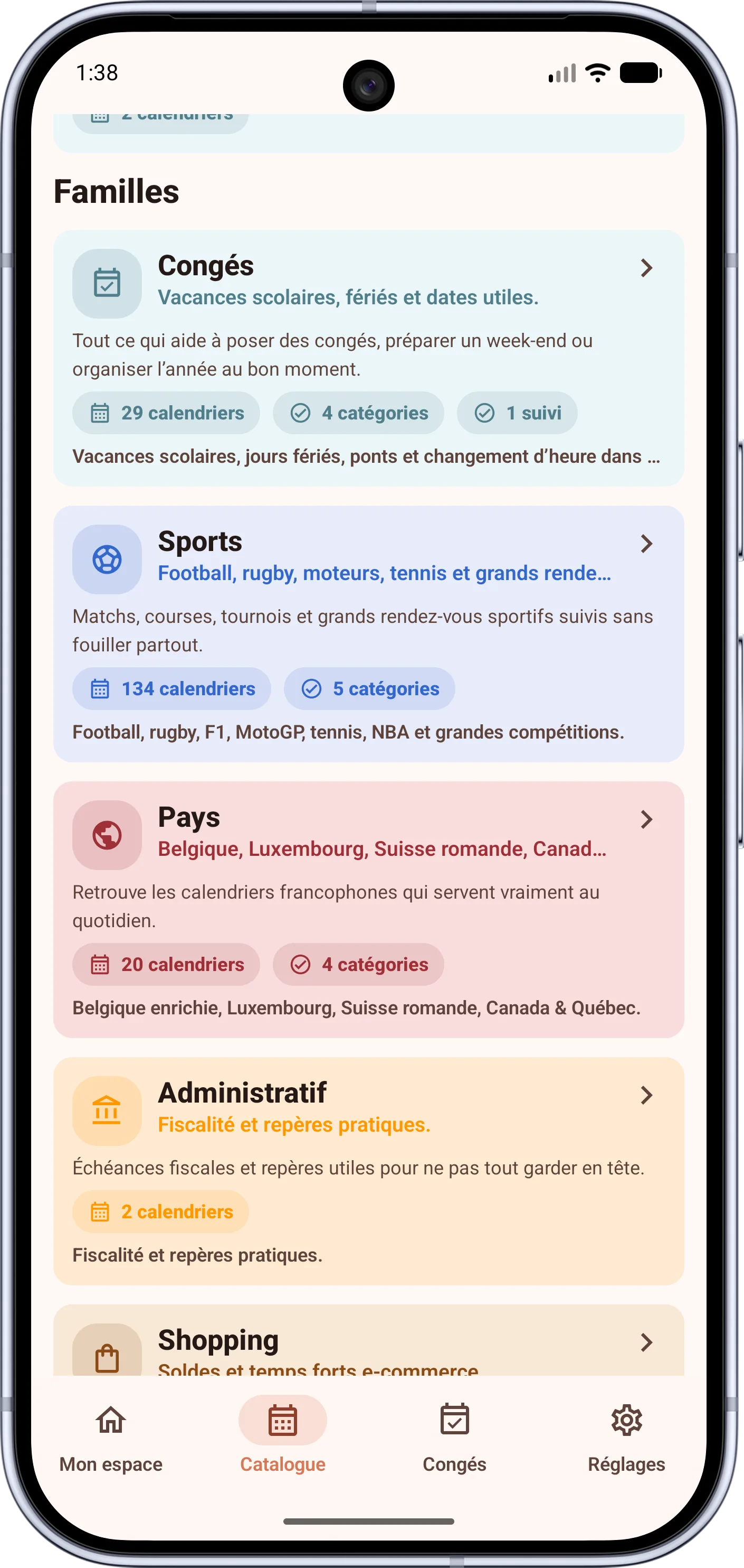 Familles de calendriers Android FacilAbo avec congés, sports, pays et administratif