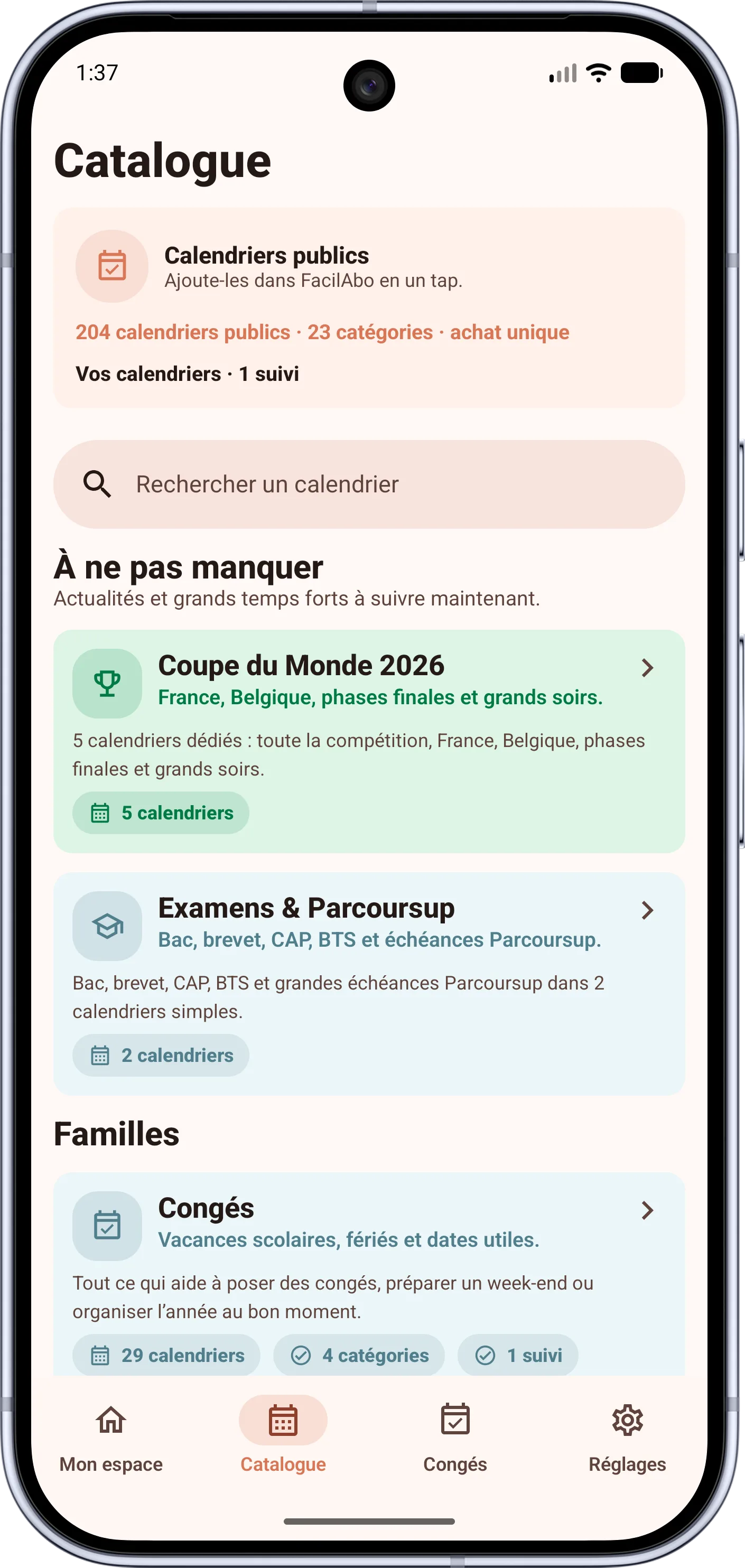 Catalogue Android FacilAbo avec recherche, calendriers publics et familles
