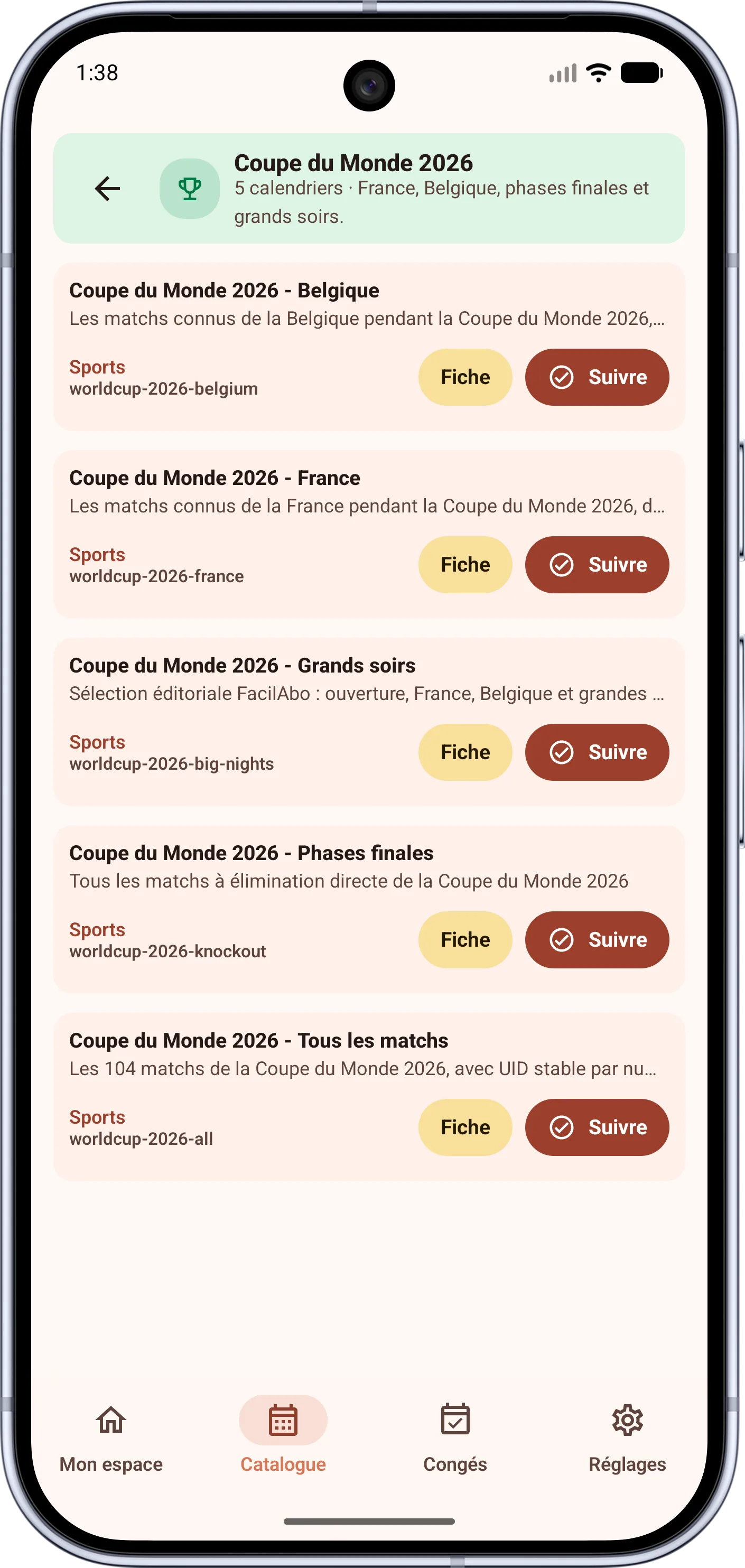 Liste de calendriers Coupe du Monde 2026 à suivre dans FacilAbo Android