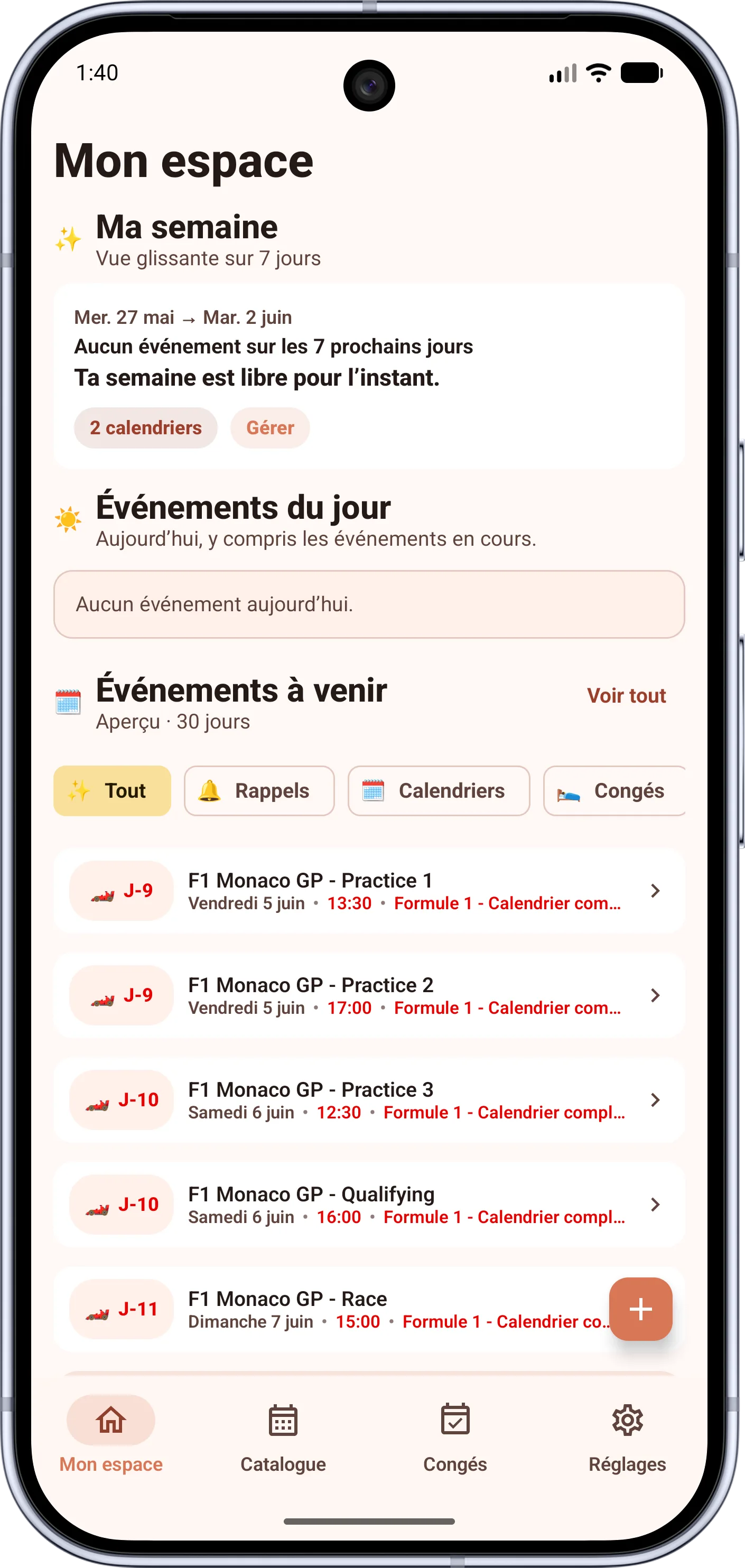FacilAbo Android avec Mon espace, événements du jour, événements à venir et rappels