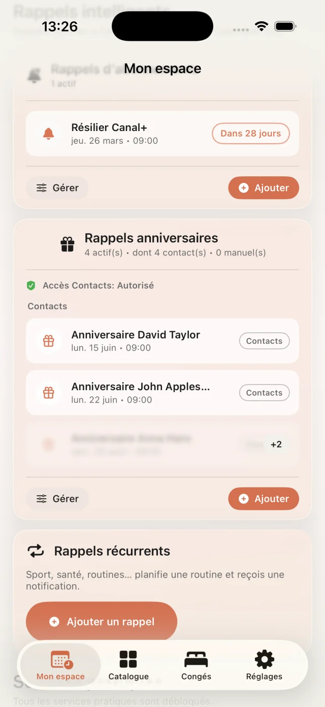 Demande d'autorisation Contacts pour les anniversaires