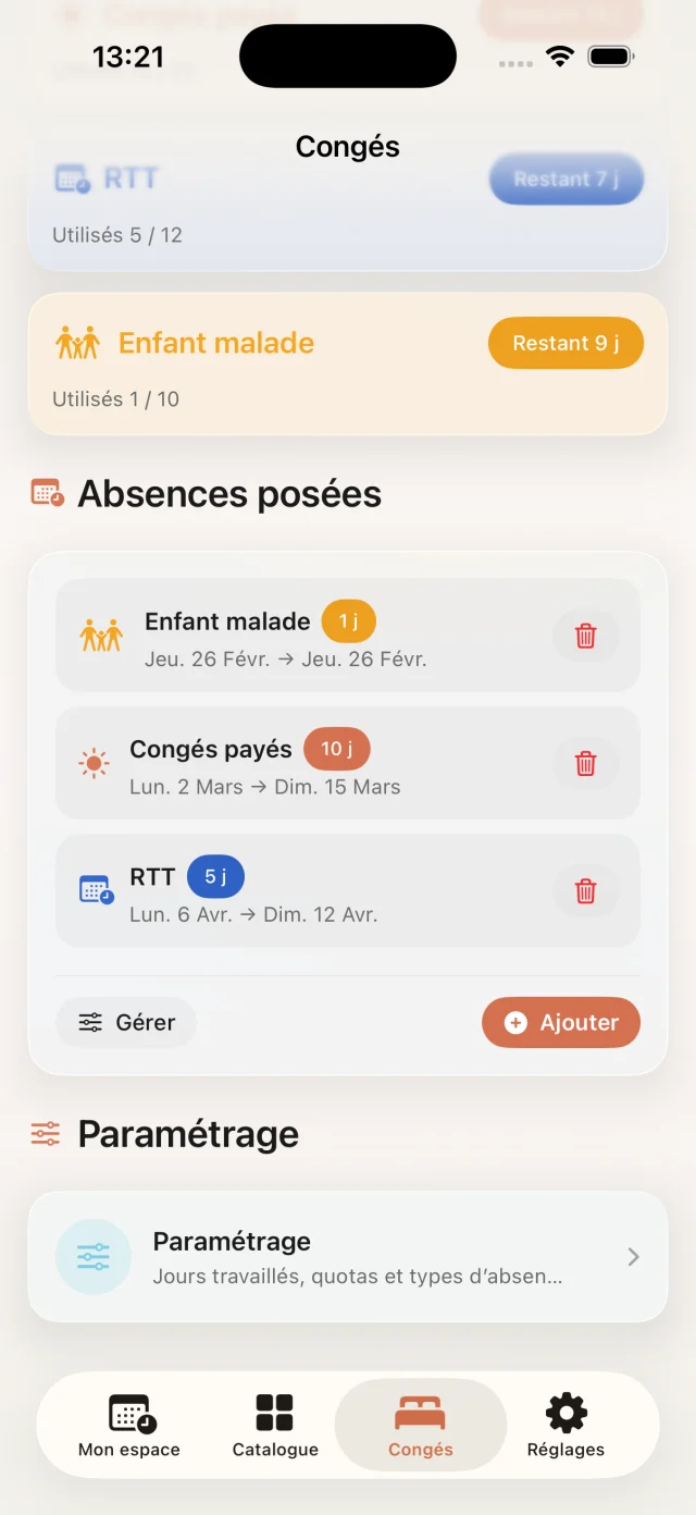 Module Congés / RTT avec reliquats, absences posées et accès au paramétrage