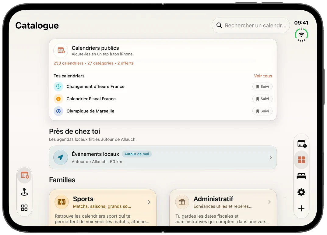FacilAbo sur iPhone Duo ouvert : le catalogue de calendriers, avec la rubrique Près de chez toi et les familles
