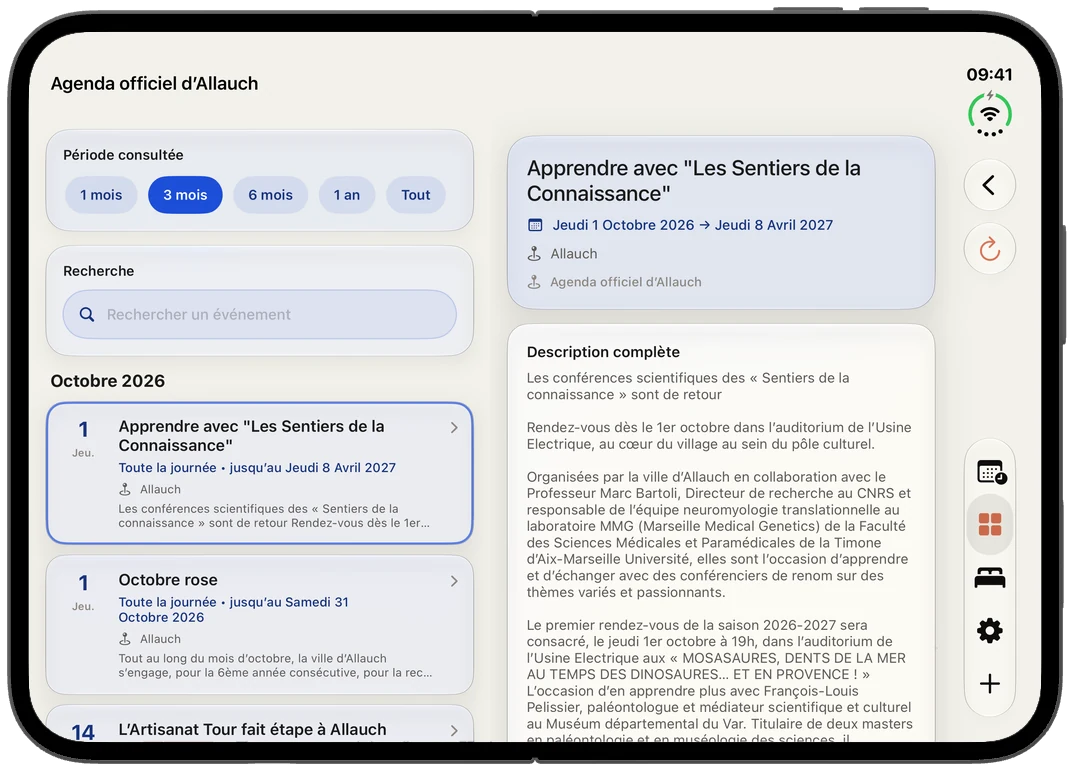 FacilAbo sur iPhone Duo ouvert : l’agenda officiel d’Allauch avec la liste des dates à gauche et le détail d’un événement à droite
