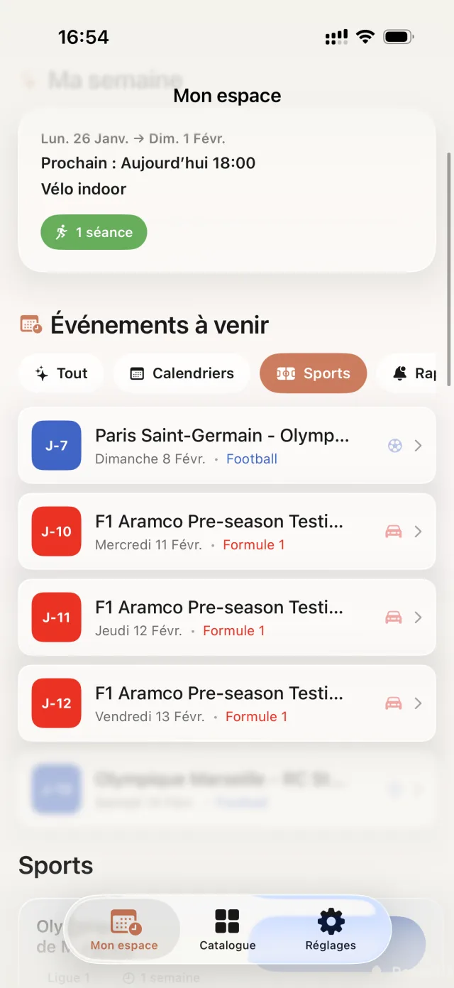 Événements à venir avec filtre par catégorie