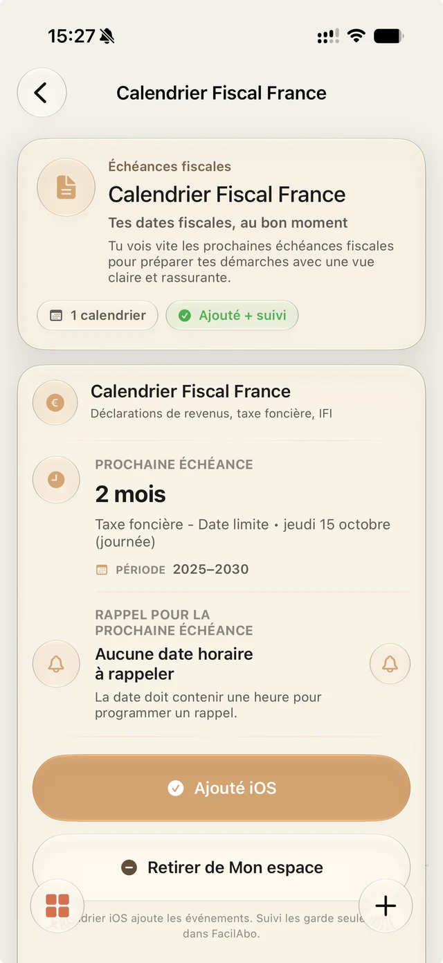 Écran du calendrier Fiscal France dans FacilAbo