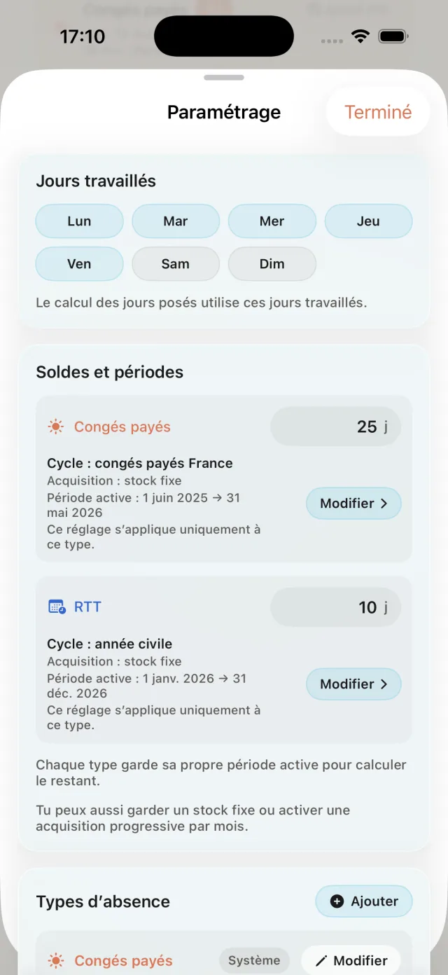 Capture FacilAbo réglage cycle congés payés