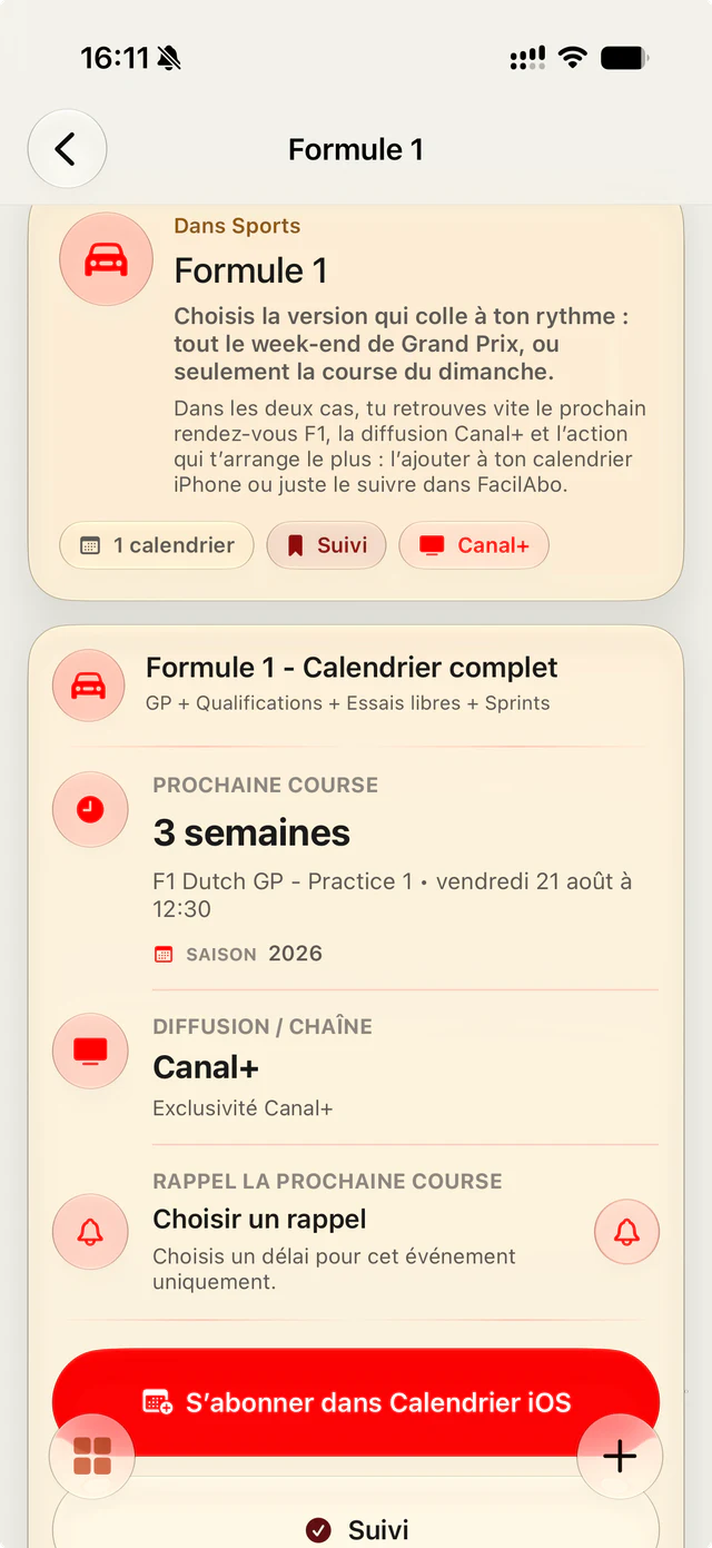 Écran du calendrier Formule 1 avec la prochaine course et les options de suivi