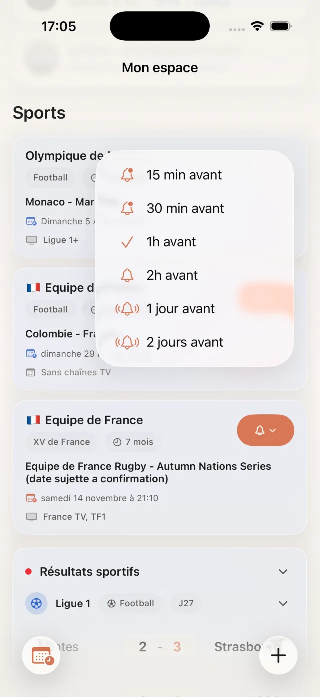 Capture FacilAbo menu des rappels sports