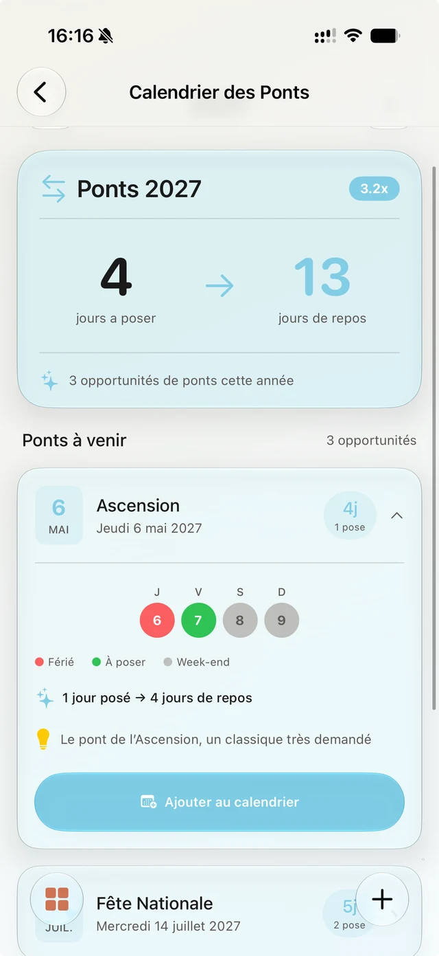 Calendrier des Ponts 2027 avec quatre jours à poser pour treize jours de repos