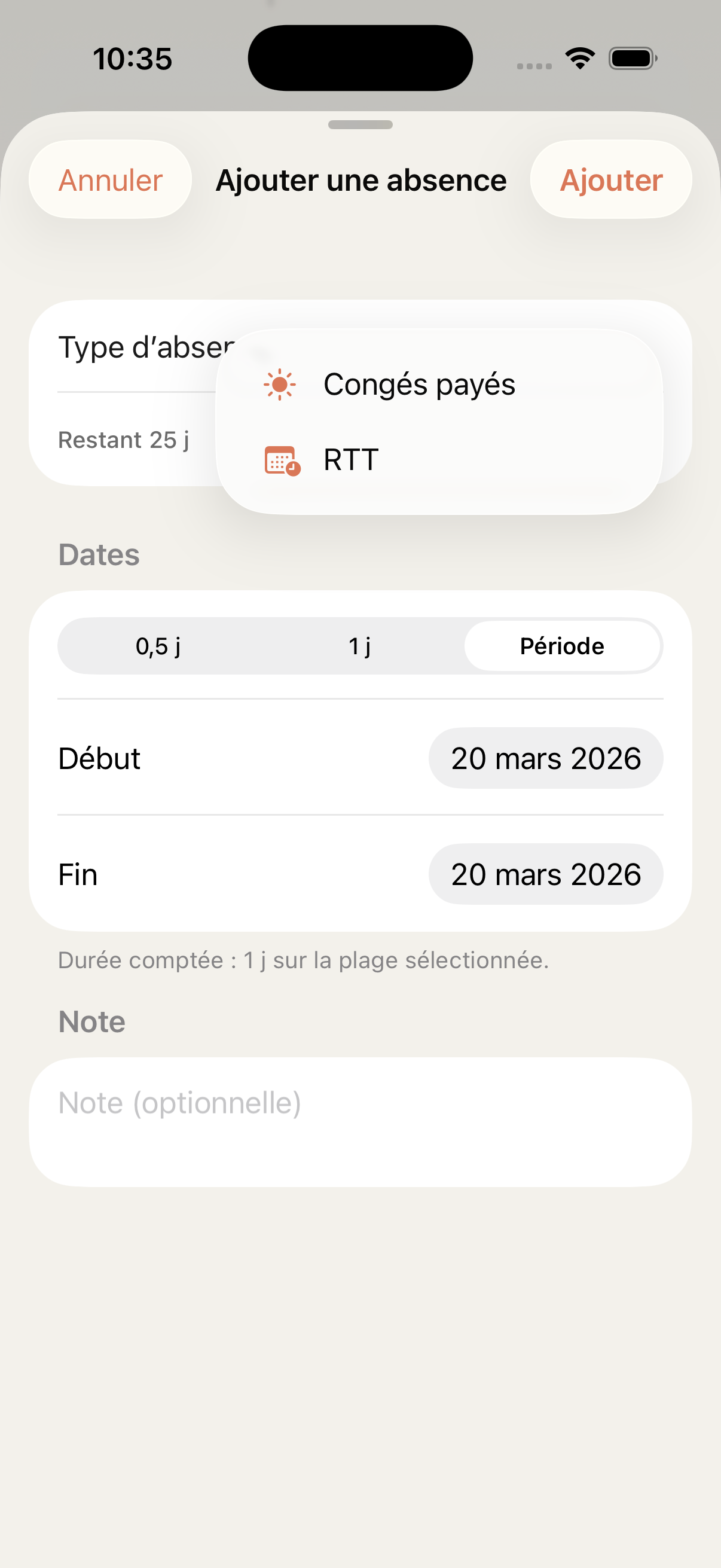 Ajout d’une absence dans le module Congés avec choix du type et de la période