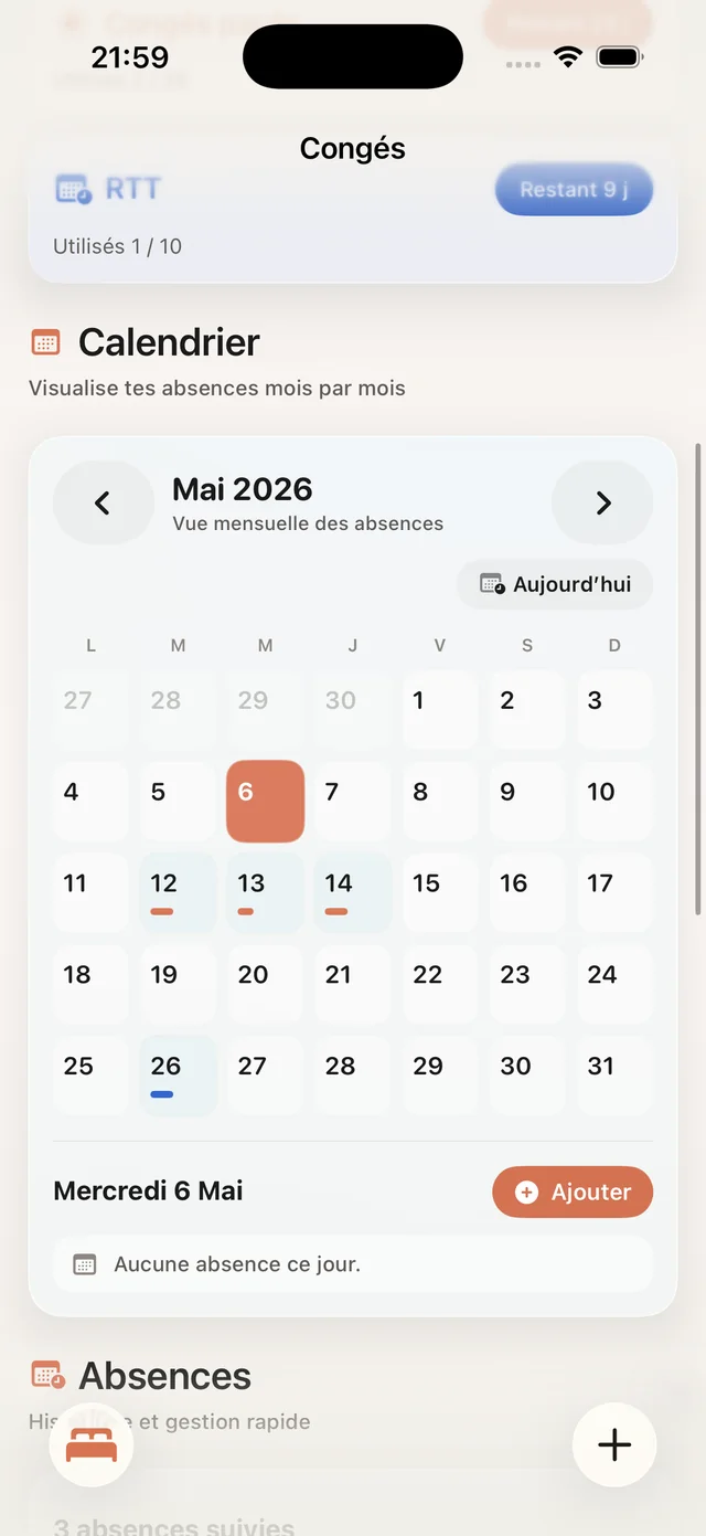Vue calendrier mensuelle du module Congés avec absences et RTT
