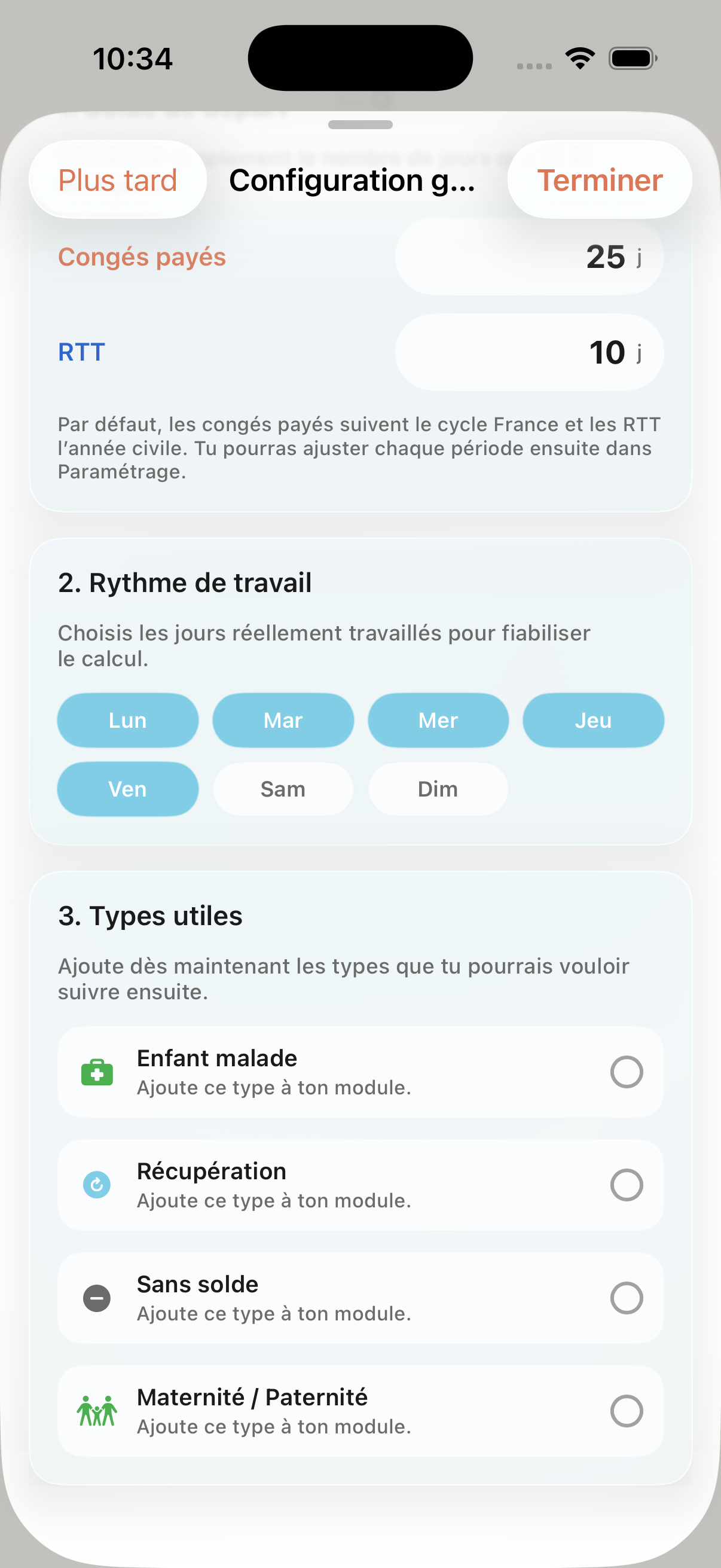 Suite de la configuration du module Congés avec rythme de travail et types utiles