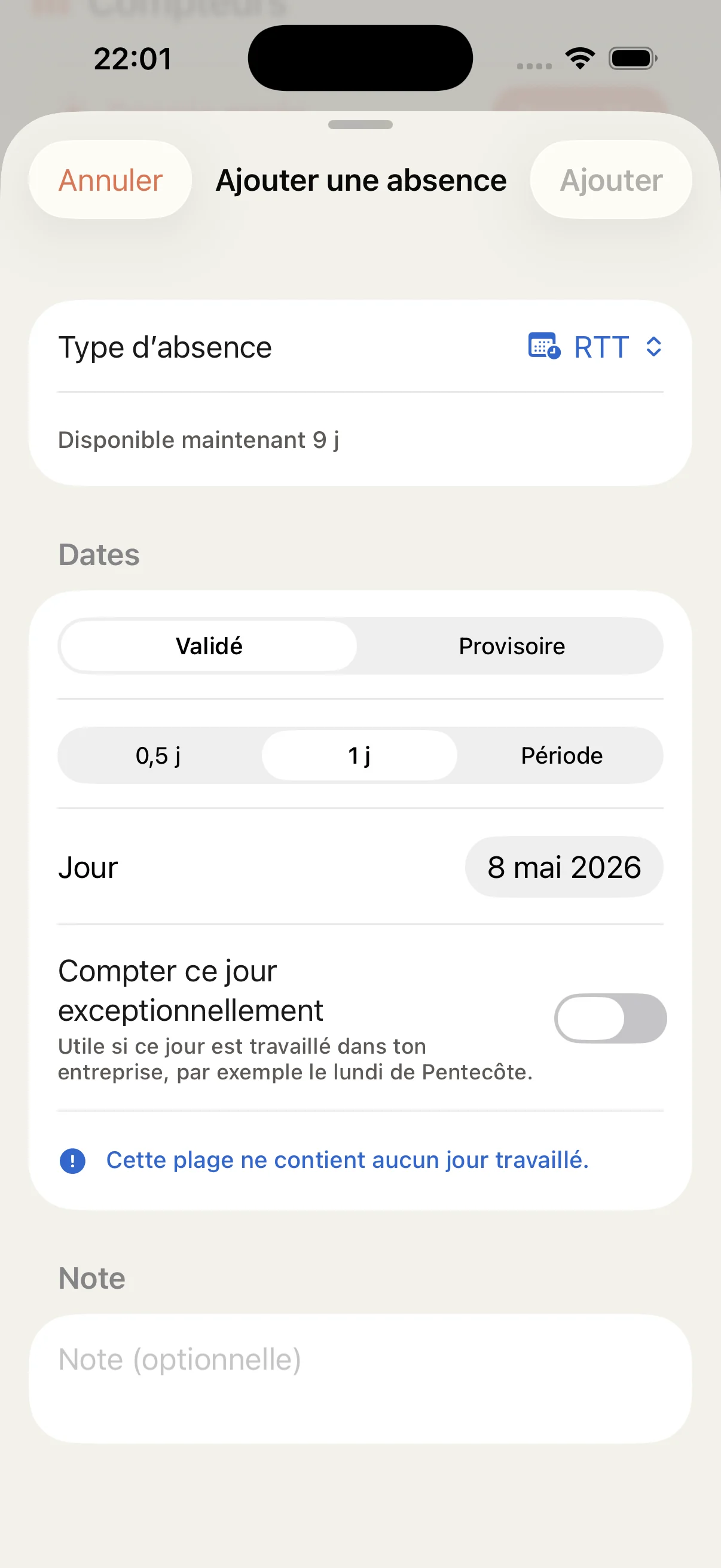Ajout d’une absence avec détection d’un jour non travaillé ou férié