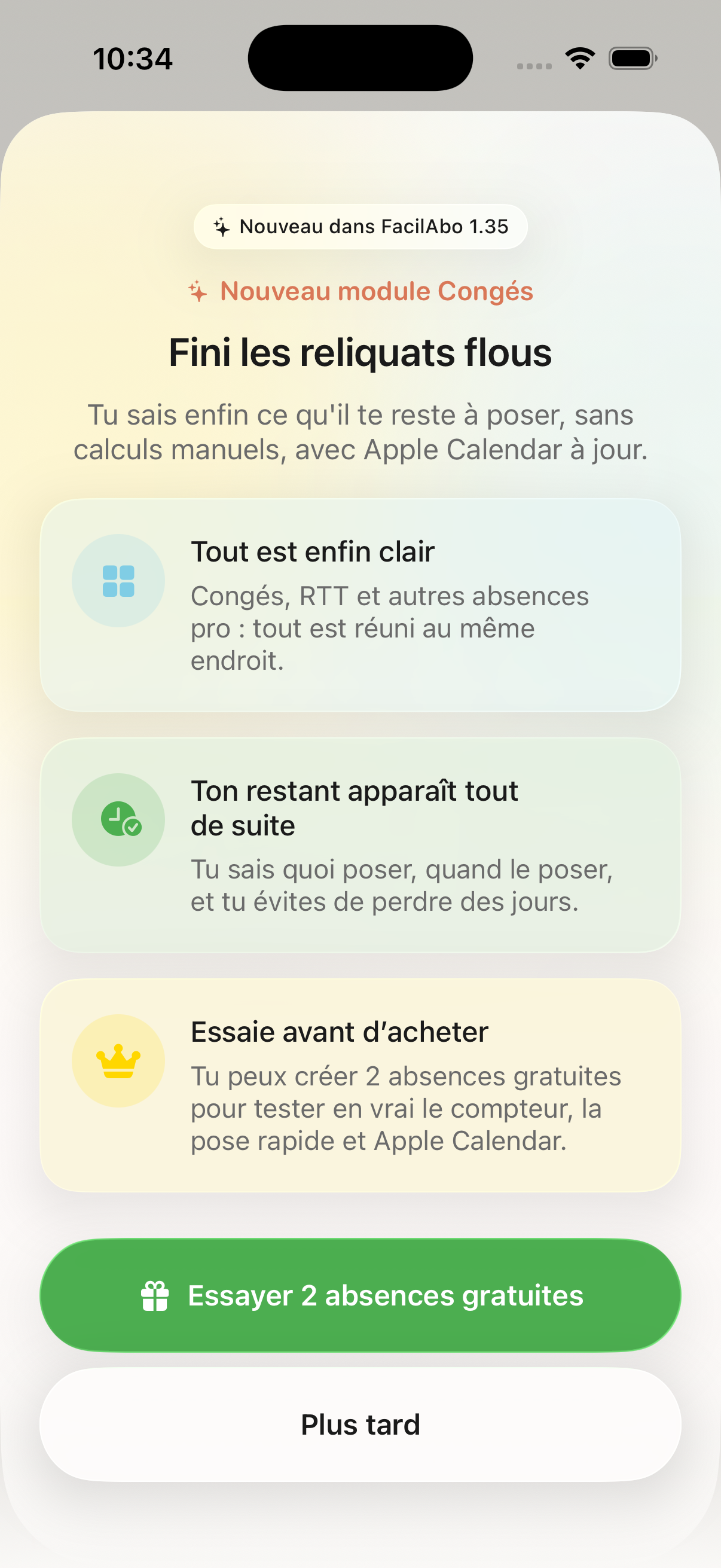 Écran promo du module Congés avec essai de 2 absences offertes