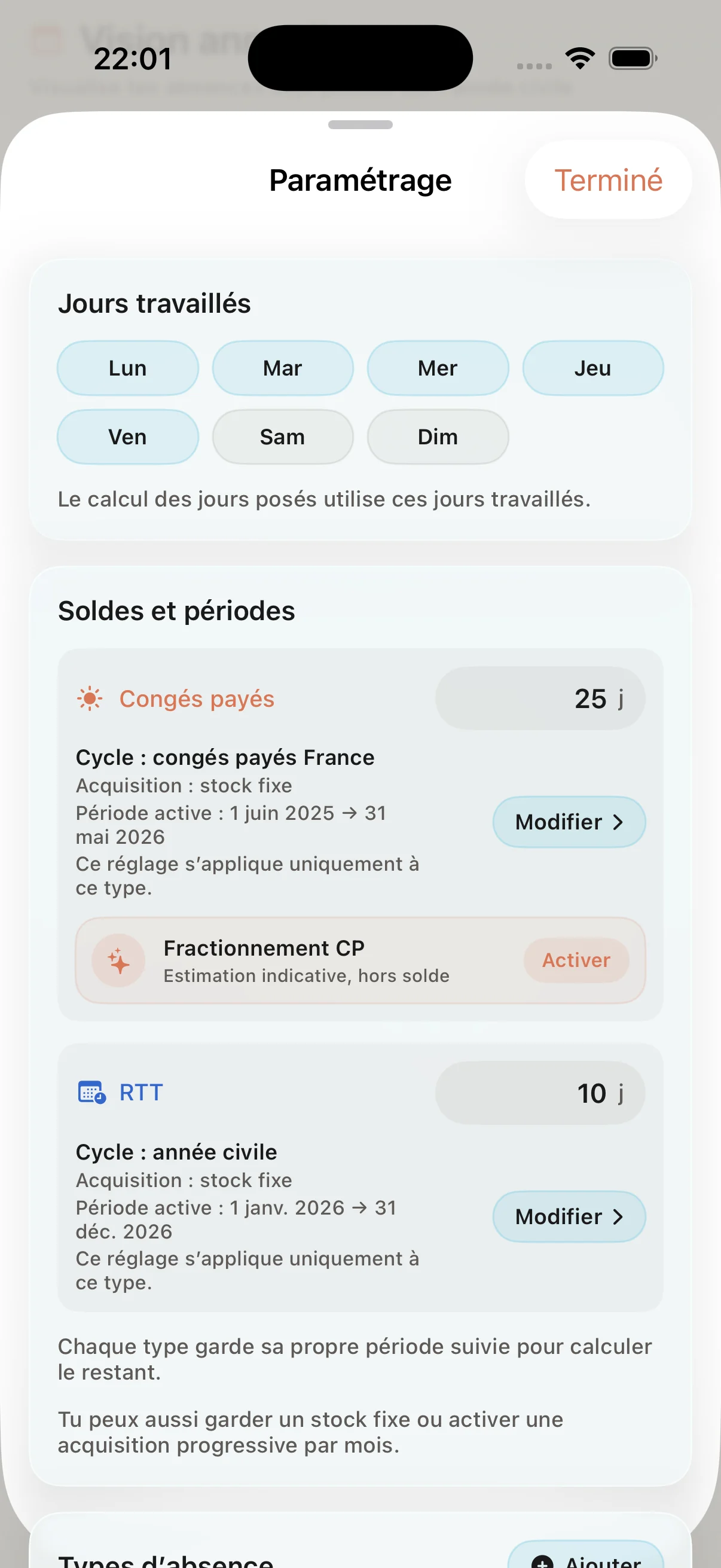 Paramétrage des congés avec estimation du fractionnement CP