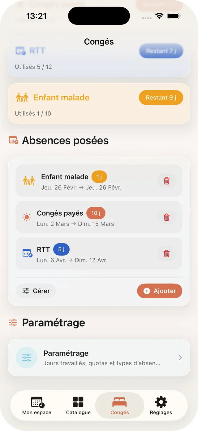 Résumé des soldes de congés payés et RTT dans FacilAbo
