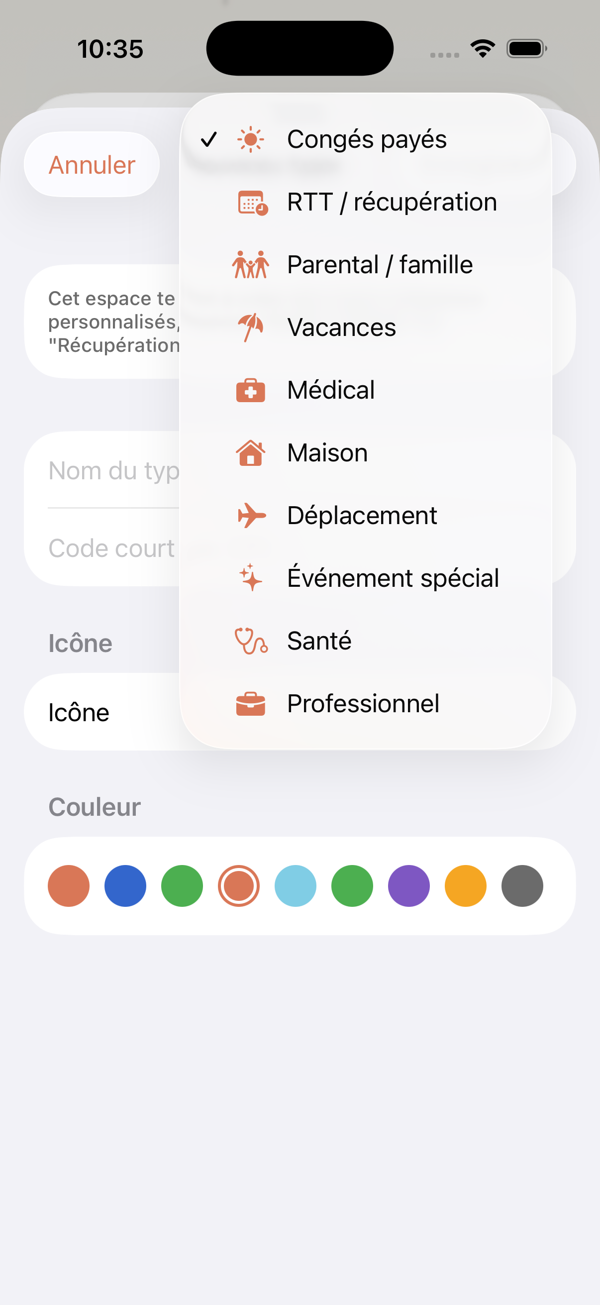 Choix d’un type d’absence personnalisé dans le module Congés