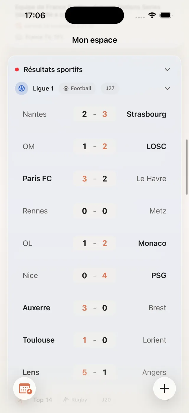 Résultats sportifs en direct dans Mon espace