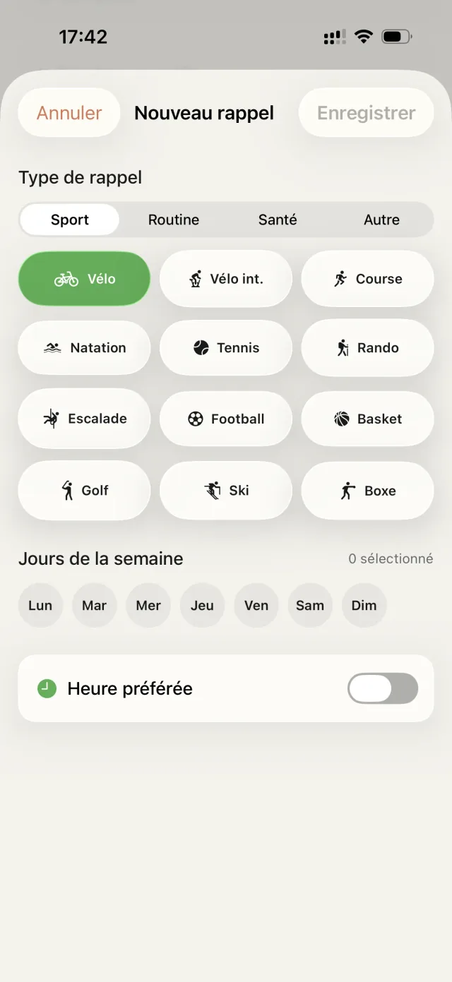 Rappel sport - équipe favorite et jours de la semaine